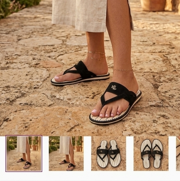 Ralph Lauren Shoes - Ralph Lauren Black Sandals with White Stripes